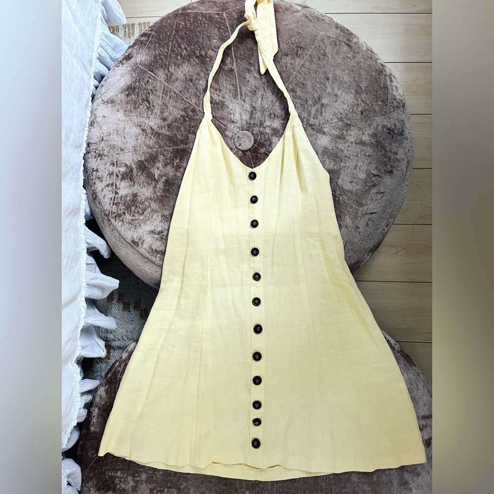 Pale yellow linen halter mini dress
